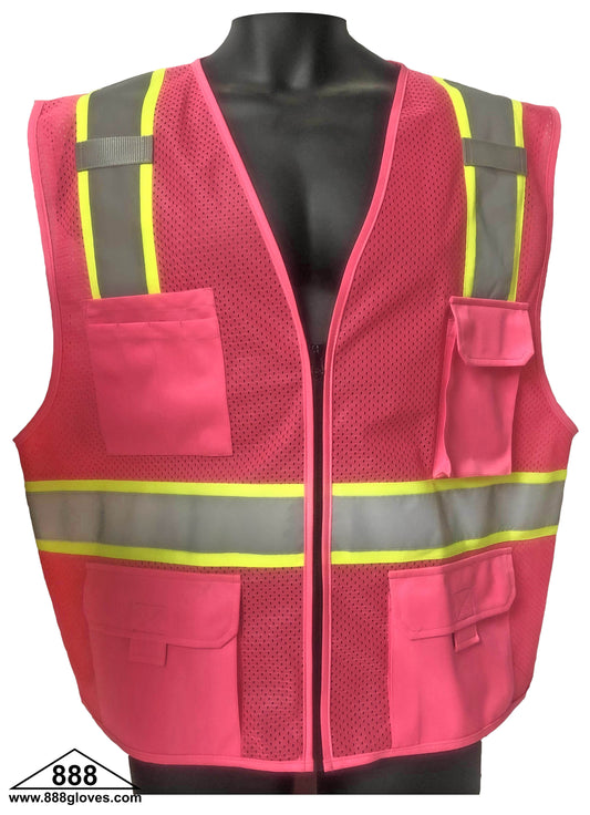 98-2200PK - Safety Vest - Mesh With 2" Silver Reflector On 3", Multiple Pockets - Pink