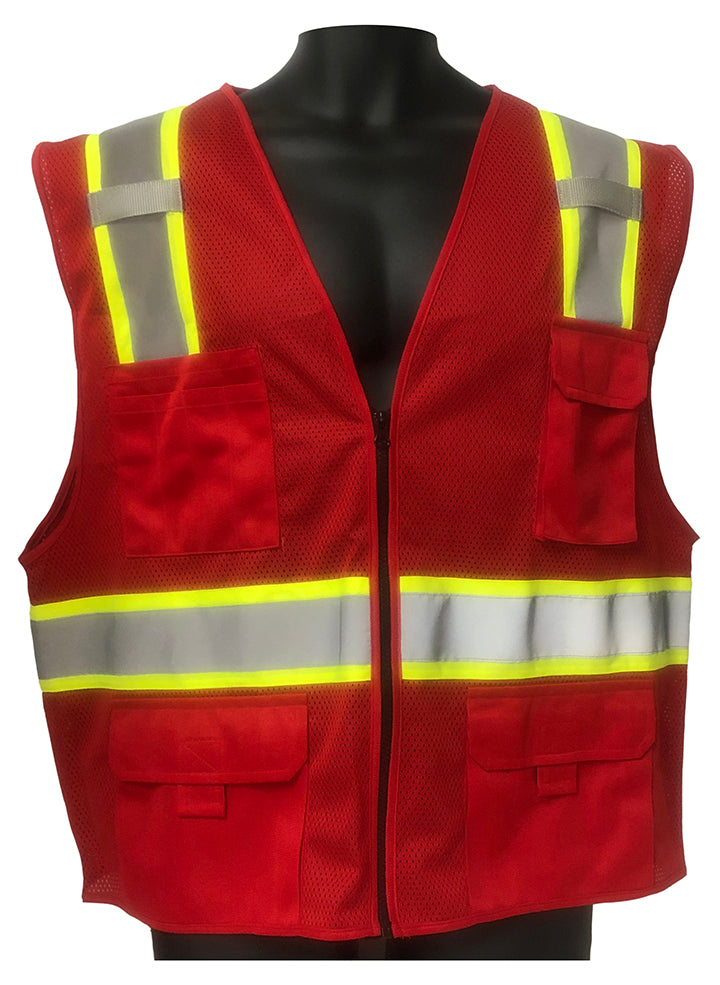 98-2200RD - Safety Vest - Mesh With 2" Silver Refector On 3", Multiple Pockets - Red
