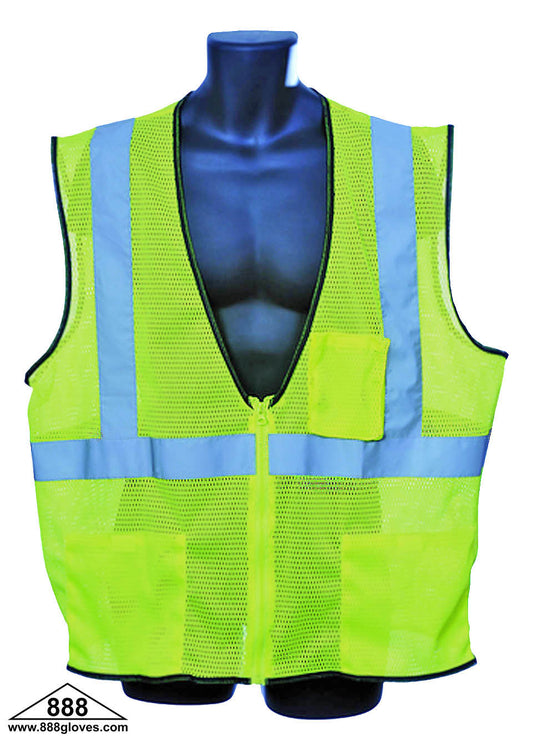 98-2801-G - Safety Vest - Class II Orange, 2" Silver, Zipper Front and Back Mesh - Hi Vis Yellow
