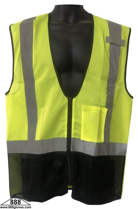 98-280BK-G - Safety Vest - Class II, Front Black Bottom, 2" Silver, Zipper Front, Front and Back Mesh - Hi Vis Yellow and Black