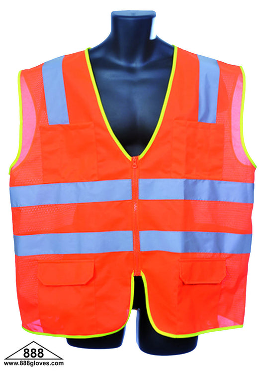 98-2900-O - Safety Vest - Class II, 2" Silver Horizontal Reflective Stripes, Zipper Front, Solid Front and Mesh Back - Hi Vis Orange