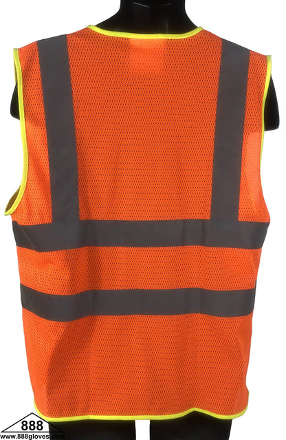98-2900-O - Safety Vest - Class II, 2" Silver Horizontal Reflective Stripes, Zipper Front, Solid Front and Mesh Back - Hi Vis Orange