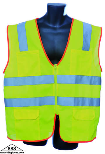 98-2901-G - Safety Vest - Class II, 2" Silver Horizontal Reflective Stripes, Zipper Front, Solid Front and Mesh Back - Hi Vis Yellow