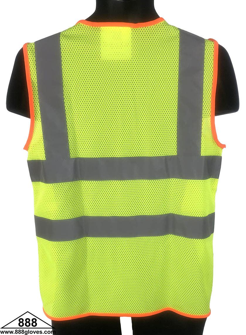 98-2901-G - Safety Vest - Class II, 2" Silver Horizontal Reflective Stripes, Zipper Front, Solid Front and Mesh Back - Hi Vis Yellow