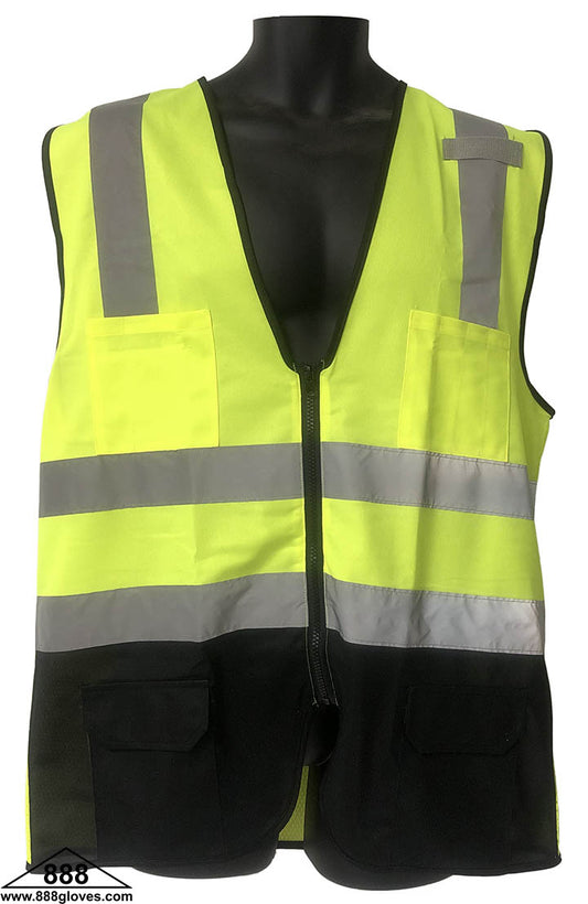 98-290BK-G - Safety Vest - Class II, Front Black Bottom, 2" Silver, 2 Horizontal, Zipper Front, Solid Front, Mesh Back - Hi Vis Yellow and Black