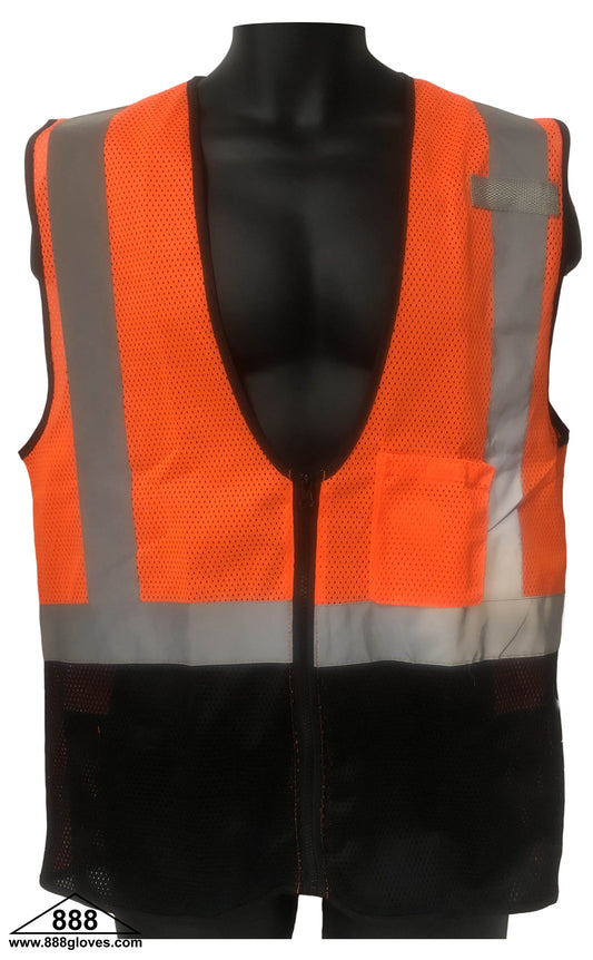 98-290BK-O - Safety Vest - Class II, Front Black Bottom, 2" Silver, 2 Horizontal, Zipper Front, Solid Front, Mesh Back - Hi Vis Orange and Black
