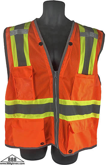 98-2950-O - Safety Vest - Surveyor, Class II Orange Vest, Mesh Front and Back, Mic Tab, Multiple Pockets, 2" Silver Reflector With Green Stripe - Hi Vis Orange