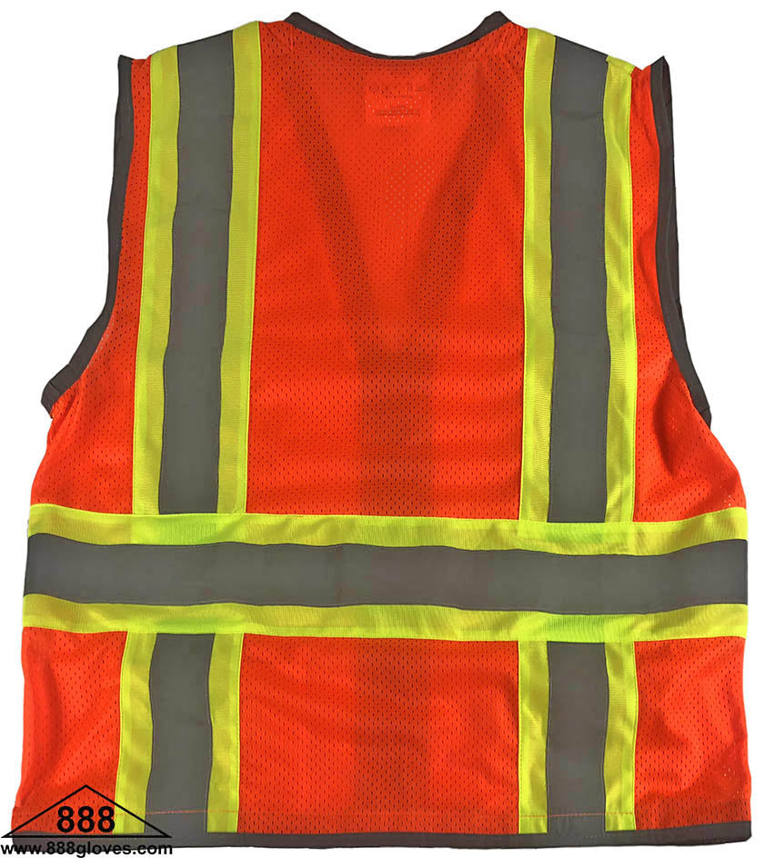 98-2950-O - Safety Vest - Surveyor, Class II Orange Vest, Mesh Front and Back, Mic Tab, Multiple Pockets, 2" Silver Reflector With Green Stripe - Hi Vis Orange