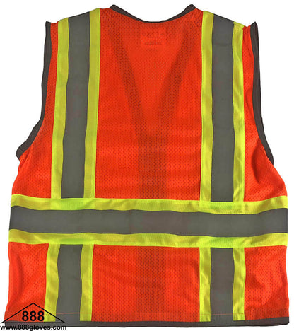 98-2950-O - Safety Vest - Surveyor, Class II Orange Vest, Mesh Front and Back, Mic Tab, Multiple Pockets, 2" Silver Reflector With Green Stripe - Hi Vis Orange