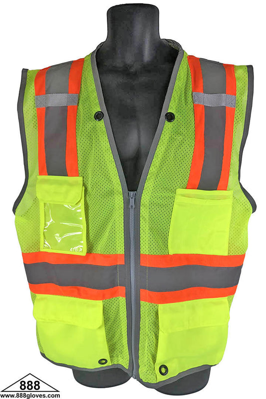 98-2951-G - Safety Vest - Surveyor, Class II Orange Vest, Mesh Front and Back, Mic Tab, Multiple Pockets, 2" Silver Reflector With Green Stripe - Hi Vis Yellow