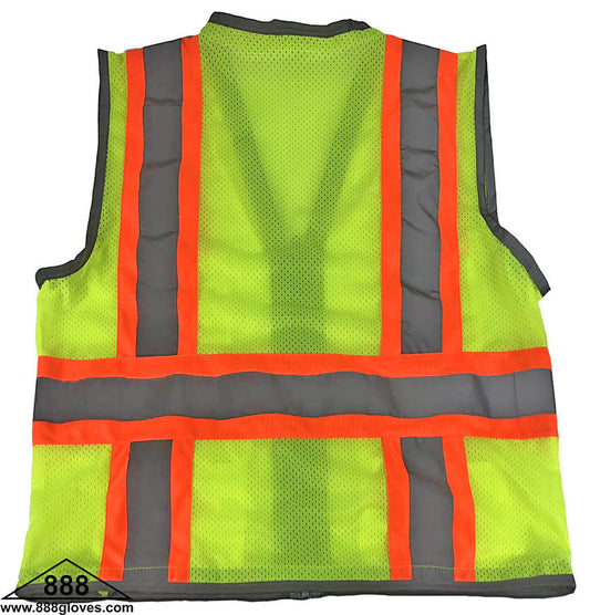 98-2951-G - Safety Vest - Surveyor, Class II Orange Vest, Mesh Front and Back, Mic Tab, Multiple Pockets, 2" Silver Reflector With Green Stripe - Hi Vis Yellow