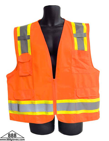 98-2980-O - Safety Vest - Surveyor, Class II Vest, Mesh Front and Back, Mic Tab, Multiple Pockets, 2" Silver Reflective Stripe Over Yellow Stripe - Hi Vis Orange