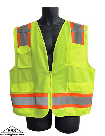 98-2981-G - Safety Vest - Surveyor, Class II Vest, Mesh Front and Back, Mic Tab, Multiple Pockets, 2" Silver Reflective Stripe Over Yellow Stripe - Hi Vis Yellow