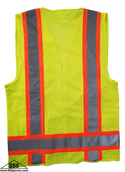 98-2981-G - Safety Vest - Surveyor, Class II Vest, Mesh Front and Back, Mic Tab, Multiple Pockets, 2" Silver Reflective Stripe Over Yellow Stripe - Hi Vis Yellow