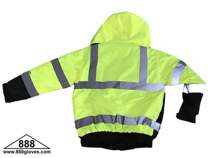 98-3002-G - Safety Vest - Jacket With Quilted Lining, Hood, Cellphone Pocket, Water Resistant - Hi Vis Yellow and Black
