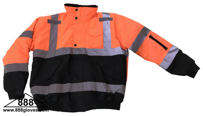 98-3002-O - Safety Vest - Jacket With Quilted Lining, Hood, Cellphone Pocket, Water Resistant - Hi Vis Orange and Black