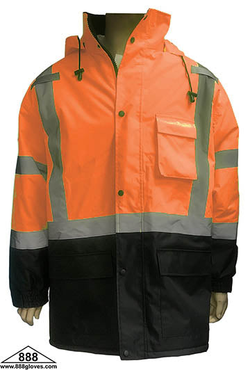 98-3003-O - Safety Vest - Long  Jacket With Quilted Lining, Hood, Cellphone Pocket, Water Resistant - Hi Vis Orange and Black