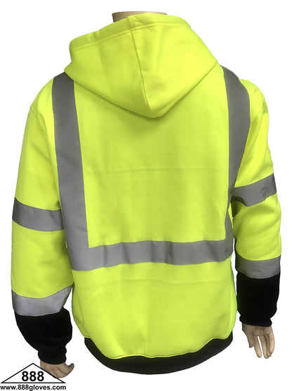 98-3021-G - Safety Vest - Sweater Hoodie Fleece Jacket, Class III - Hi Vis Yellow and Black