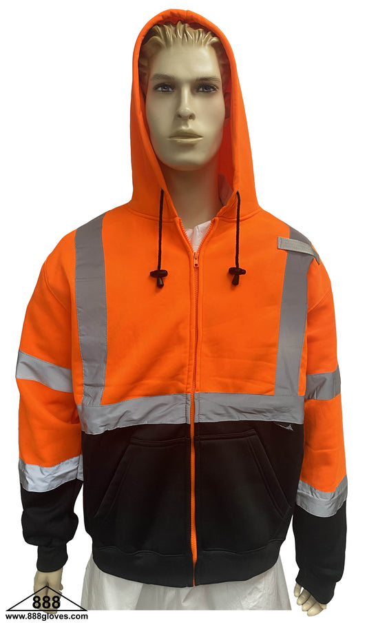 98-3021-O - Safety Vest - Sweater Hoodie Fleece Jacket, Class III - Hi Vis Orange and Black