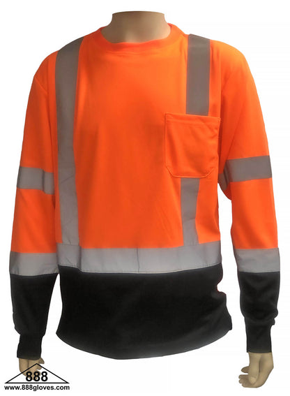 98-350BK-O - Safety T-Shirt - Long Sleeves Class III, Front Black Bottom, 100% Polyester - Hi Vis Orange and Black