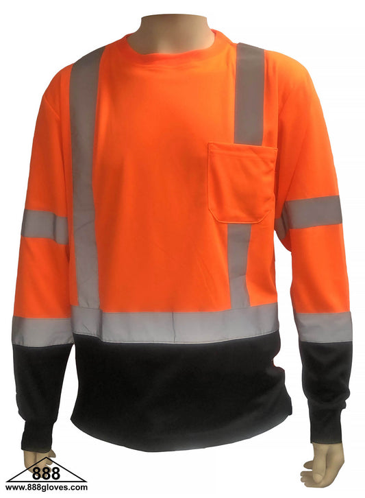 98-350BK-O - Safety T-Shirt - Long Sleeves Class III, Front Black Bottom, 100% Polyester - Hi Vis Orange and Black