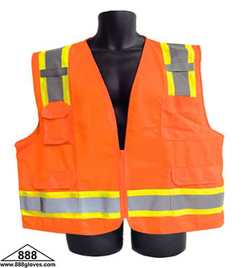 98-FR2980-O - Safety Vest - FR Flame Retardant Surveyor, Class II Vest, Solid Front and Mesh Back, Mic Tab, Multiple Pockets, 2" Silver Reflective Over Lime Green Stripe - Hi Vis Orange