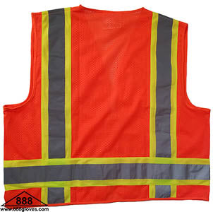 98-FR2980-O - Safety Vest - FR Flame Retardant Surveyor, Class II Vest, Solid Front and Mesh Back, Mic Tab, Multiple Pockets, 2" Silver Reflective Over Lime Green Stripe - Hi Vis Orange