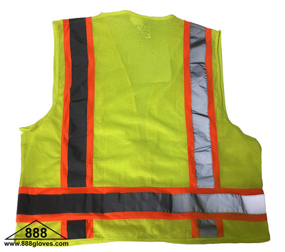 98-FR2981-G - Safety Vest - FR Flame Retardant Surveyor, Class II Vest, Solid Front and Mesh Back, Mic Tab, Multiple Pockets, 2" Silver Reflective Over Lime Green Stripe - Hi Vis Yellow