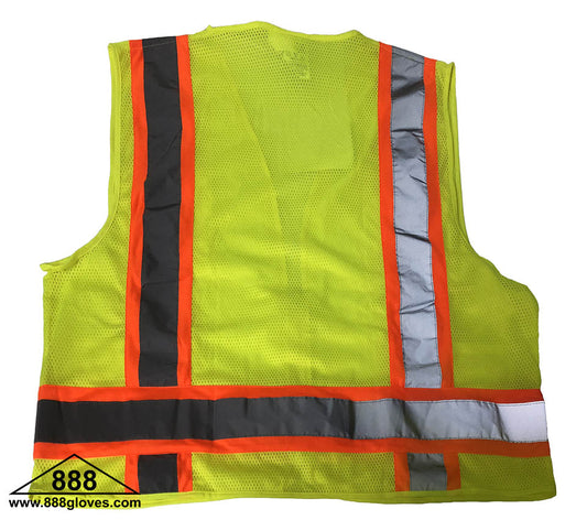 98-FR2981-G - Safety Vest - FR Flame Retardant Surveyor, Class II Vest, Solid Front and Mesh Back, Mic Tab, Multiple Pockets, 2" Silver Reflective Over Lime Green Stripe - Hi Vis Yellow
